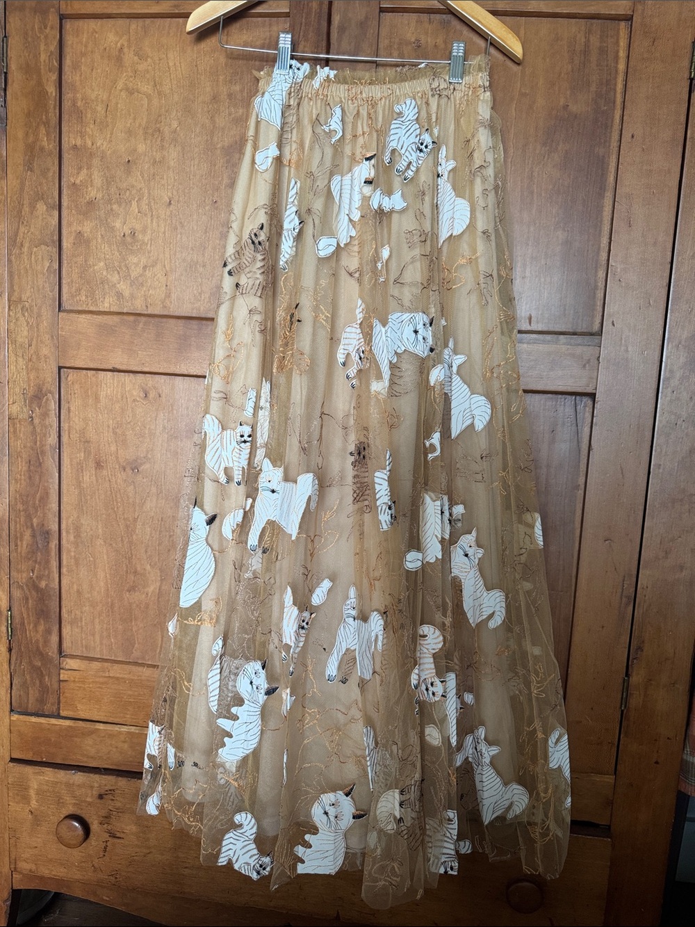 Anthropologie Tan Tulle Maxi Skirt with White Cat Embroidery Geisha Designs
